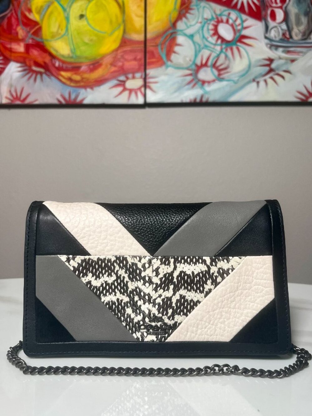 Coach Callie Patchwork Snakeskin Foldover Chain Clutch 38975 NWOT